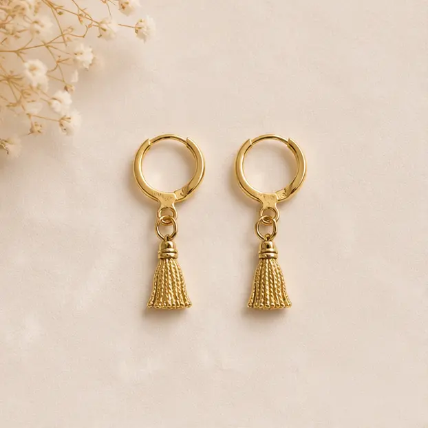Golden Metallic Tassel Huggie Hoop 1.webp