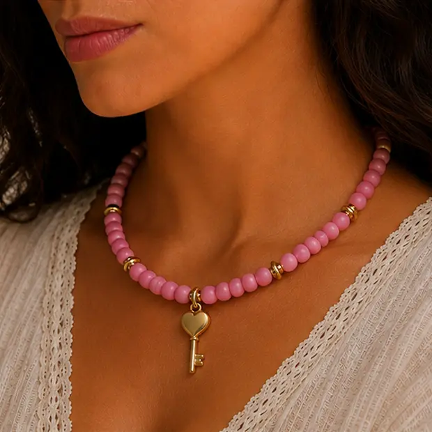 Pink Beaded Heart-Key Necklace 3.webp