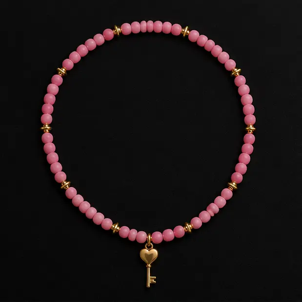 Pink Beaded Heart-Key Necklace 1.webp