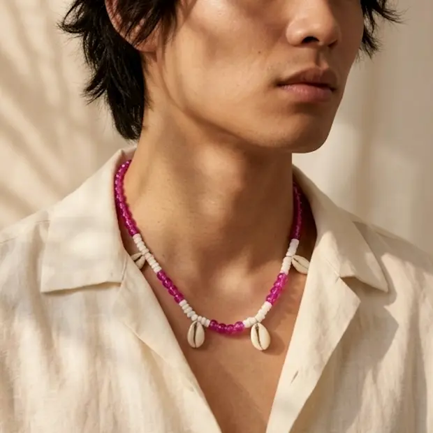 Beachy Magenta Cowrie Shell Necklace 5.webp