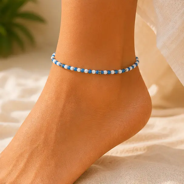 Blue and White Beach Anklet 4.webp